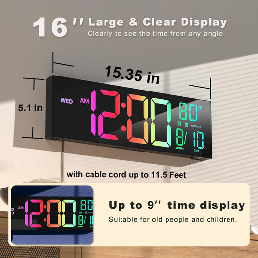16" Large Digital Wall Mount Clock, Count down Timer, Alarm, Big LED, 8 RGB Color, DST, Temperature for Living Room Classroom Desk, Xmas, Birthday Gift for Senior Mom Dad (Black, 16 Inches)