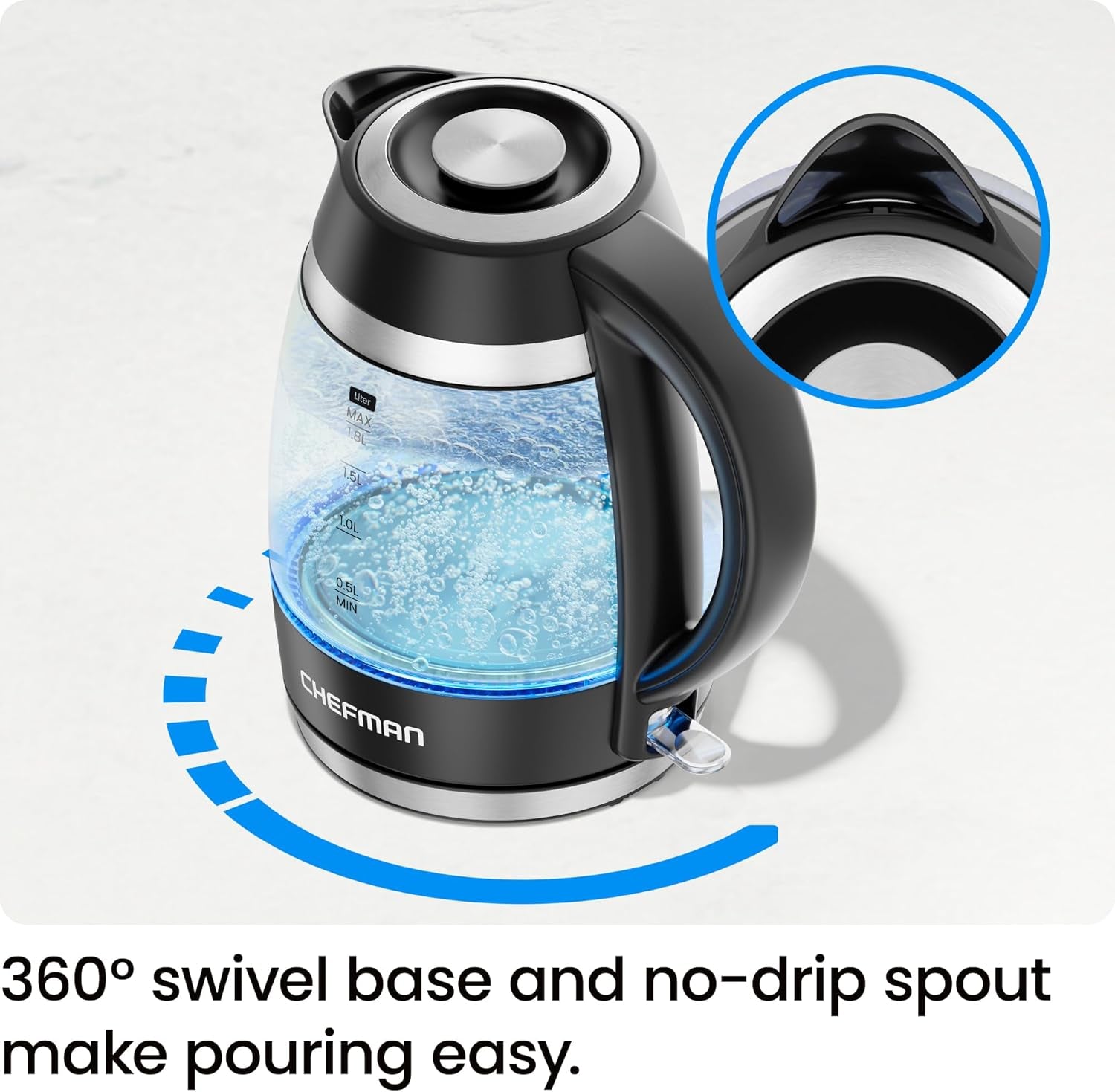 Electric Kettle, 1.8L 1500W, Hot Water Boiler, Removable Lid for Easy Cleaning, Auto Shut Off, Boil-Dry Protection, Stainless Steel Filter, BPA Free, Borosilicate Glass Electric Tea Kettle