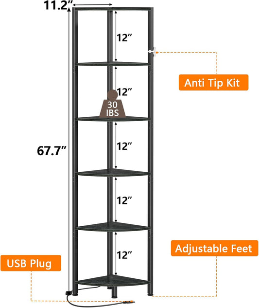 6 Tier Corner Shelf with LED Light, 67.5” Tall Standing Shelf Organizer, Black Narrow Bookshelf with Storage Rack for Wall Corner, Living Room, Bedroom, Metal Frame, Wood Display Shelf