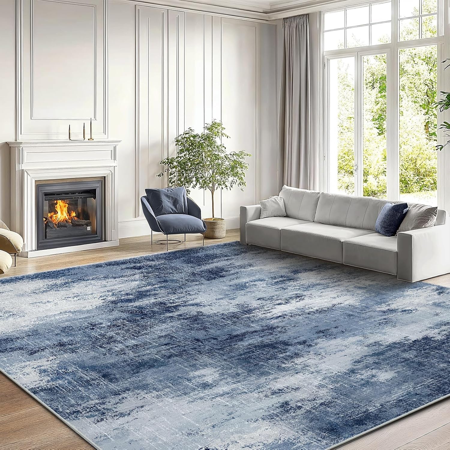 Amada 8X10 Washable Area Rug, Modern Abstract Living Room Rug with Non-Slip Backing & Short Pile, Large Rug with Abstract Pattern for Living Room, Bedroom and Dinning Room, Dark Blue