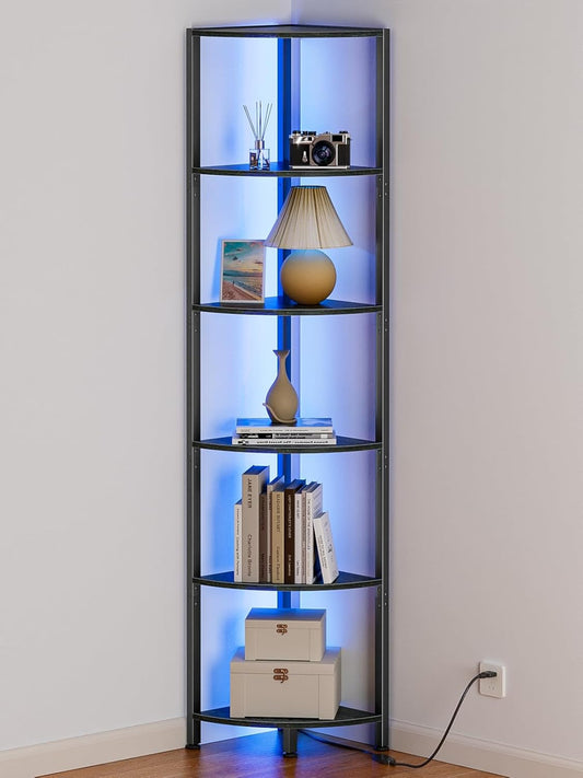 6 Tier Corner Shelf with LED Light, 67.5” Tall Standing Shelf Organizer, Black Narrow Bookshelf with Storage Rack for Wall Corner, Living Room, Bedroom, Metal Frame, Wood Display Shelf