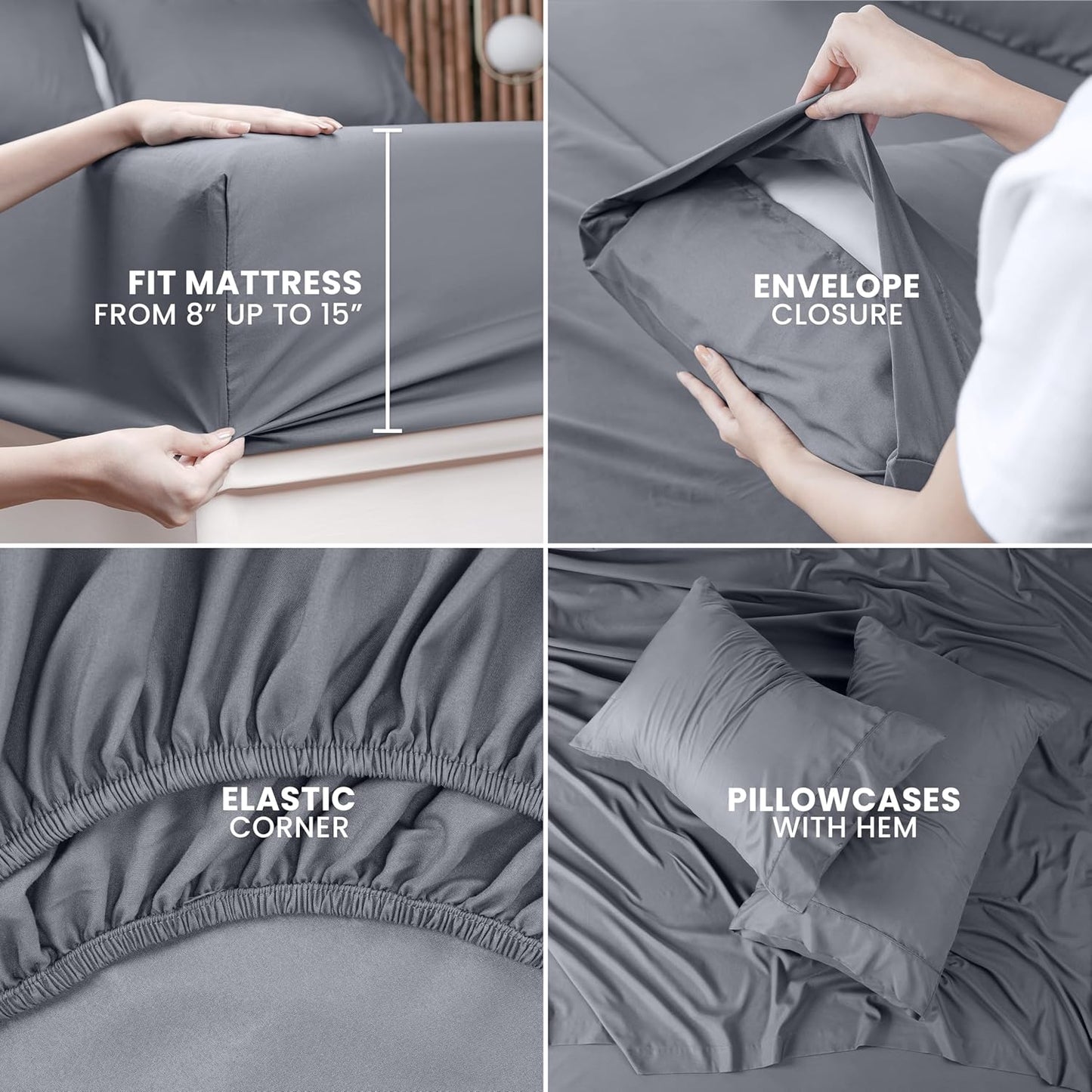 Queen Sheet Set – 4 Piece Bed Sheets for Queen Size Bed, Soft and Breathable Microfiber, Includes 1 Fitted Sheet, 1 Flat Sheet and 2 Pillowcases (Grey)