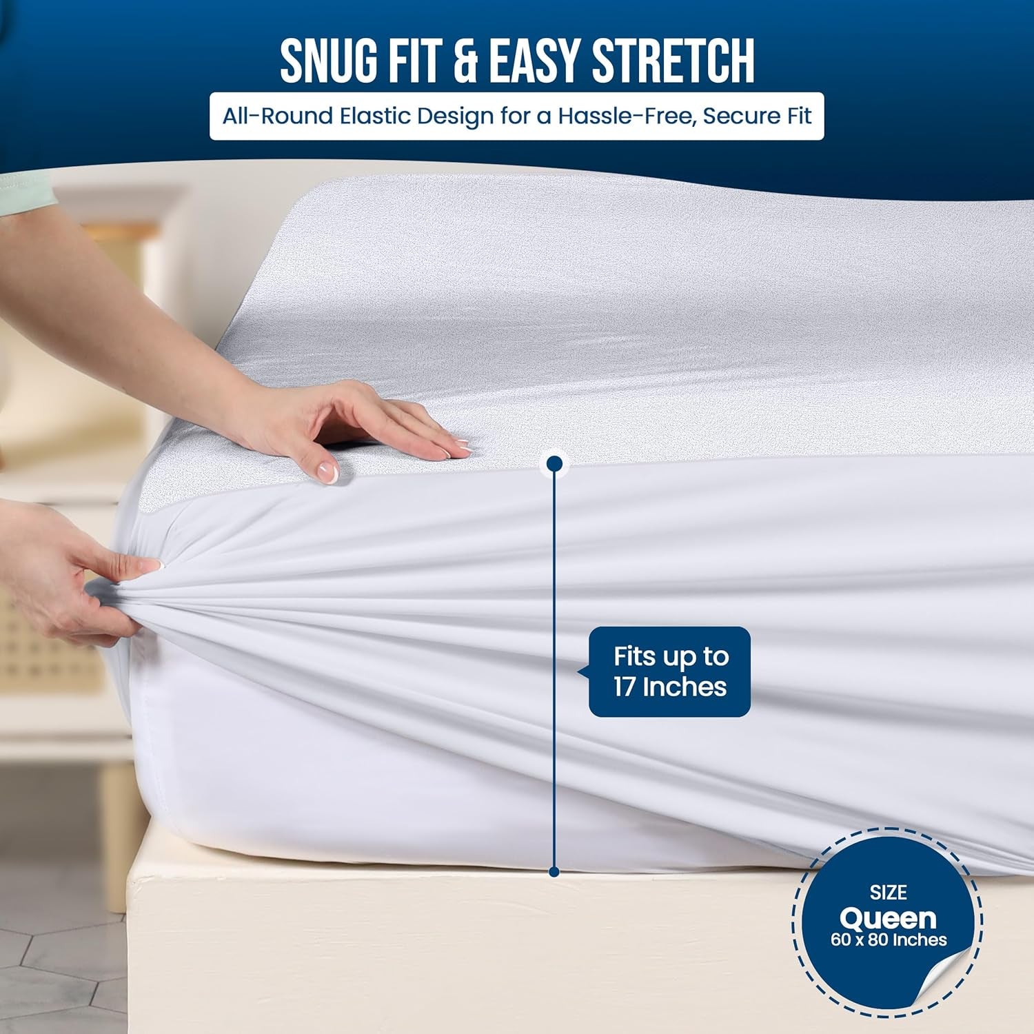Waterproof Mattress Protector Queen Size, Premium Terry Mattress Cover 200 GSM, Breathable, Fitted Style with Stretchable Pockets (White)