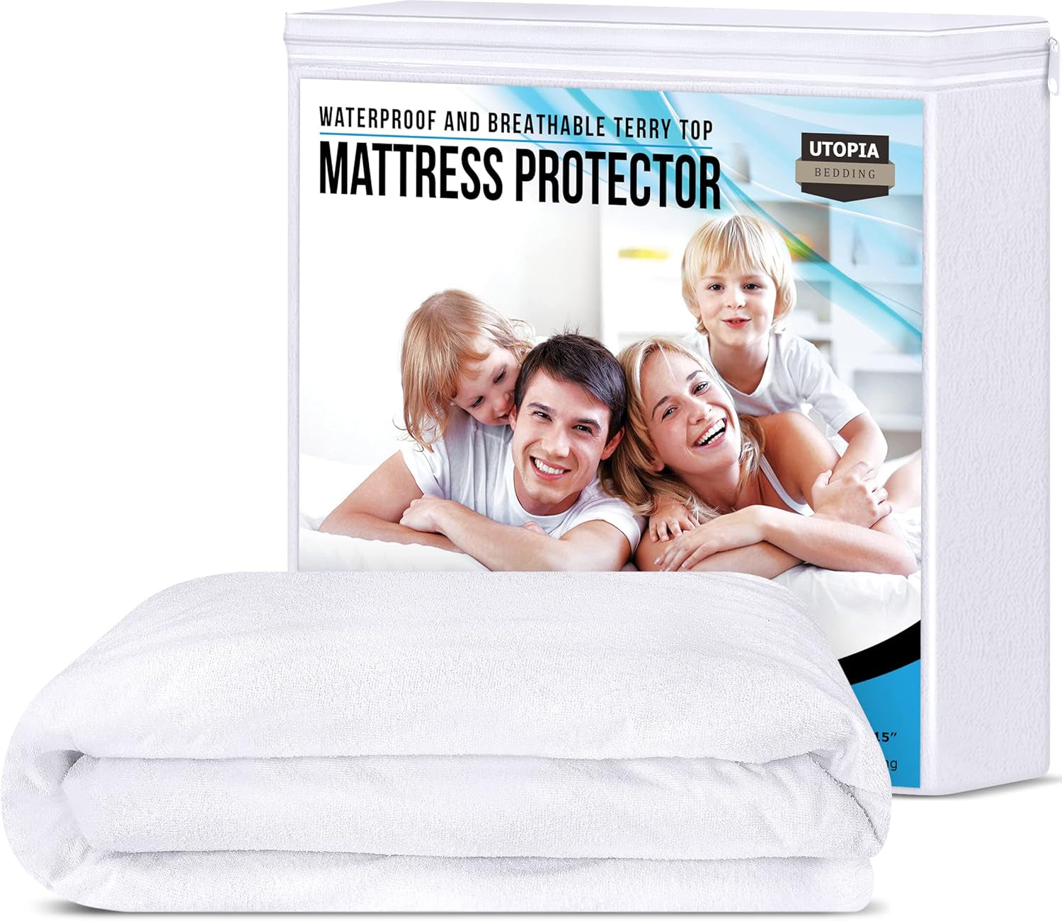 Waterproof Mattress Protector Queen Size, Premium Terry Mattress Cover 200 GSM, Breathable, Fitted Style with Stretchable Pockets (White)