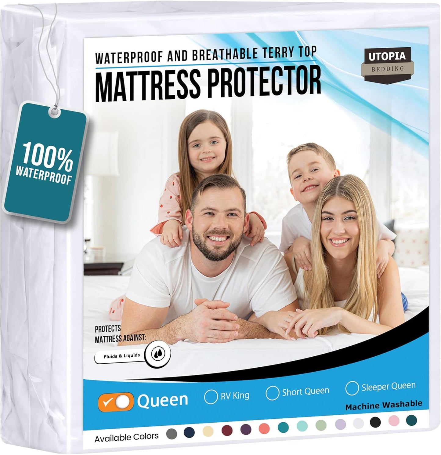 Waterproof Mattress Protector Queen Size, Premium Terry Mattress Cover 200 GSM, Breathable, Fitted Style with Stretchable Pockets (White)