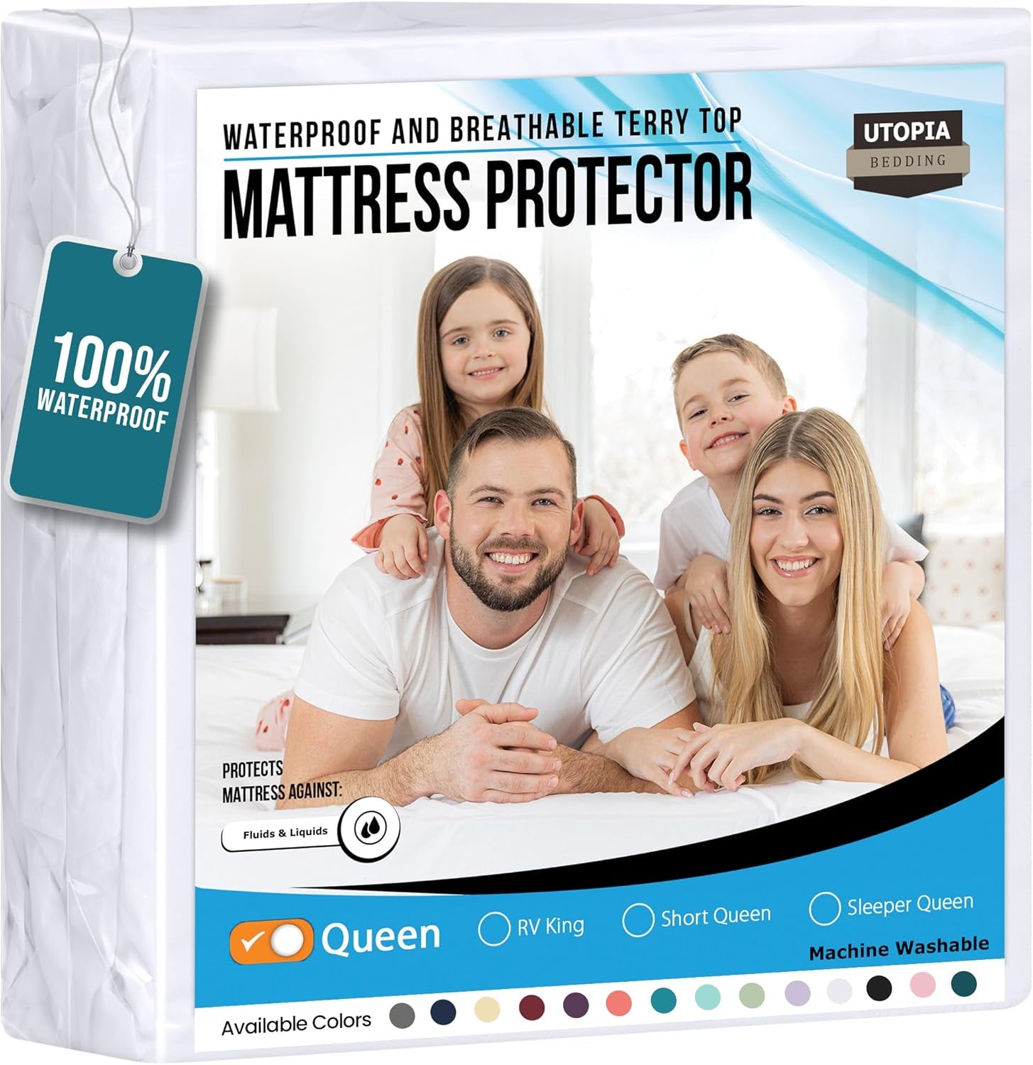 Waterproof Mattress Protector Queen Size, Premium Terry Mattress Cover 200 GSM, Breathable, Fitted Style with Stretchable Pockets (White)