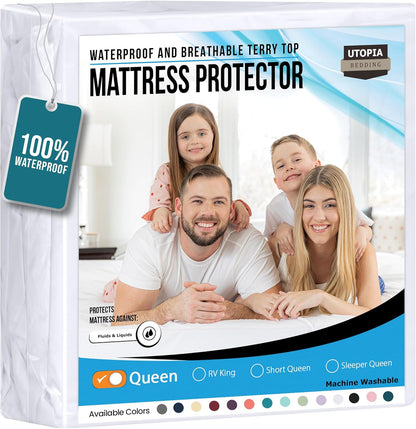 Waterproof Mattress Protector Queen Size, Premium Terry Mattress Cover 200 GSM, Breathable, Fitted Style with Stretchable Pockets (White)