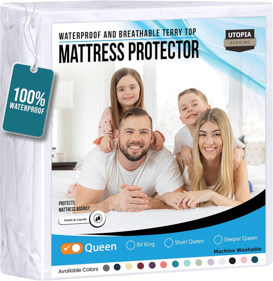 Waterproof Mattress Protector Queen Size, Premium Terry Mattress Cover 200 GSM, Breathable, Fitted Style with Stretchable Pockets (White)