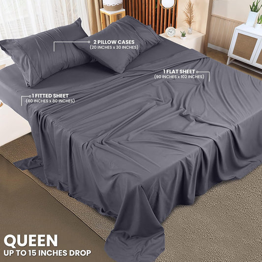 Queen Sheet Set – 4 Piece Bed Sheets for Queen Size Bed, Soft and Breathable Microfiber, Includes 1 Fitted Sheet, 1 Flat Sheet and 2 Pillowcases (Grey)