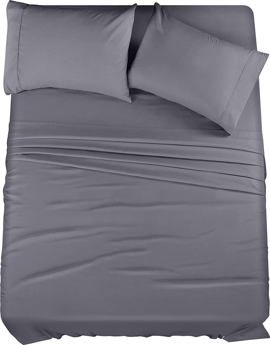 Queen Sheet Set – 4 Piece Bed Sheets for Queen Size Bed, Soft and Breathable Microfiber, Includes 1 Fitted Sheet, 1 Flat Sheet and 2 Pillowcases (Grey)